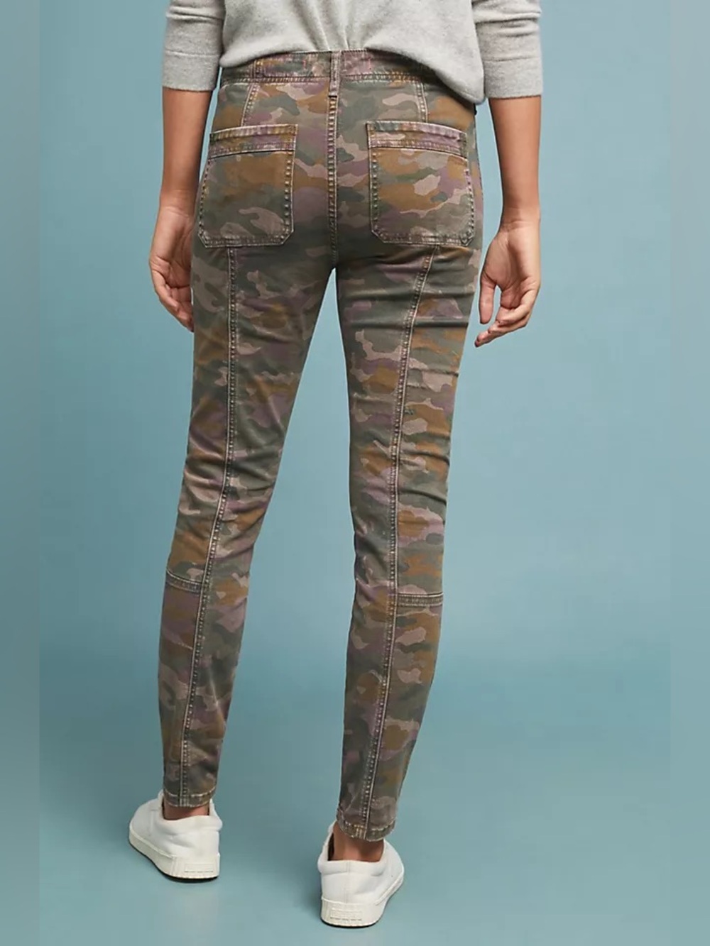 Anthropologie‎ Camo Button Fly Cargo Skinny Pants Green Purple Size 28